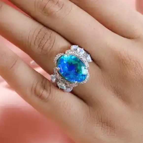 Peacock Quartz and Ethiopian Opal Ring in Platinum Over Sterling Silver - Picture 6 of 9